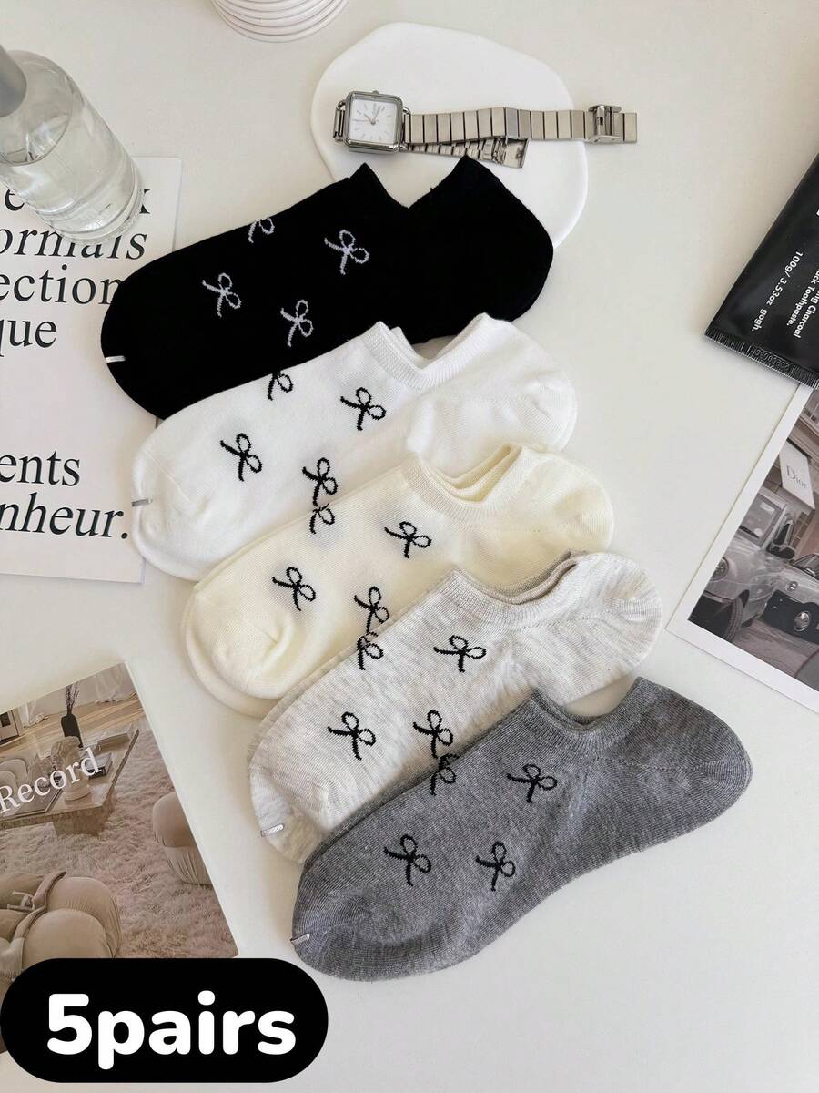 Bow Pattern No-Show Socks 5-Pack - Stretch Invisible Comfort Fit For Women, Multi-Season Wear (Black/Gray/Beige/White/Taupe) - 5pcs(mixed color) - 查看 1
