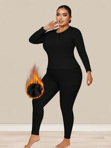 1 Set Plus Size Fleece Ribbed Crew Neck Long Sleeve Top & Letter Print Waistband 7/8 Pants, 2-In-1 Seamless Bra Included, Autumn/Winter