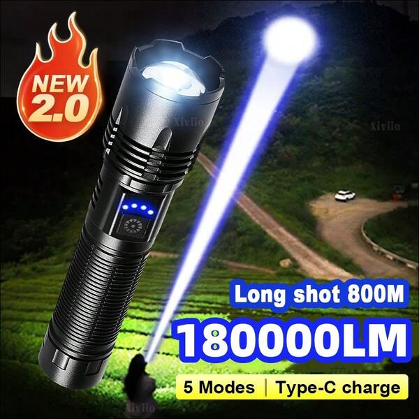 Puissante lampe de poche LED portable, étanche, zoom, rechargeable avec batterie intégrée pour le camping en plein air, la pêche, la randonnée nocturne, la randonnée et les urgences de chasse, la patrouille