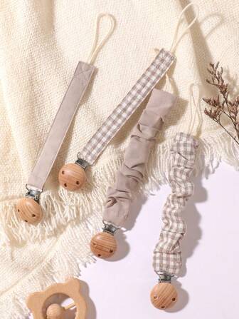4pcs Baby Pacifier Clips, Plaid, Polka Dot, Solid Color Blue/Pink/Khaki, Wooden 3-Hole Pacifier Clips, Suitable For Daily Use