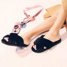 Women's Flat Open Toe Fluffy Slippers, 2025 New Lightweight Warm Comfortable Casual Strap Bedroom Slippers - Black - View 2