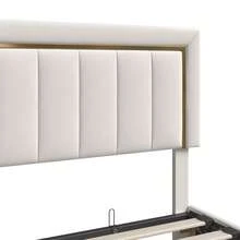 HOKZYHOUSE Letto imbottito 140 x 200 cm, letto matrimoniale con contenitore idraulico e rete a doghe, letto contenitore, righe verticali con bordi dorati, velluto, beige - Beige - Visualizzare 6