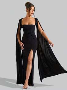 Halloween Elegant Strapless Black Long Sleeve Maxi Long Dress For Women Ruched Slit Dress Wedding Night Out Evening Cocktail Party Dress Sexy Halloween Clothes