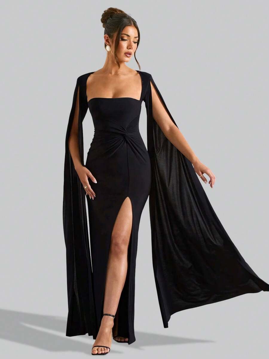 Halloween Elegant Strapless Black Long Sleeve Maxi Long Dress For Women Ruched Slit Dress Wedding Night Out Evening Cocktail Party Dress Sexy Halloween Clothes