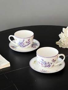 1 Set Taza y platillo de cerámica con diseño romántico de campo lavanda, taza de té con delicadas flores moradas, taza con encaje estilo femenino, taza para leche, taza de café y platillo, serie de vajilla de princesa, té de tarde en el jardín, regalo de cumpleaños