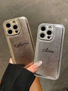 1件式個性化奢華荔枝紋人造皮革手機殼，字母姓名客製化，適用於 Apple 17 16 15 14 13 12 11 Pro Max 16 Plus，全包覆鏡頭防摔手機殼，金銀色韓式極簡復古情侶手機殼，生日禮物、聖誕禮物、女性個性化禮物、Etsy/客製化產品、為她的客製化禮物、週年紀念禮物、婚禮禮物 - 金色 - 查看 3