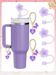 3 件/2 件适用于 30-40 盎司杯子的配件、粉色字母杯标记和硅胶芙蓉花吸管盖、硅胶防滑防刮保护套、可重复使用的 10 毫米大直径吸管吸管盖、适合现代简约玻璃杯的可爱字母装饰