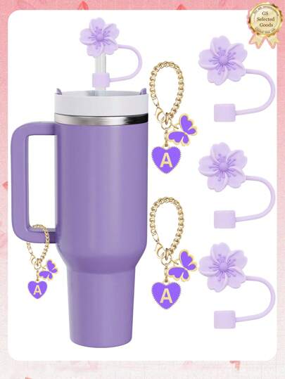 3 件/2 件专为 30-40 盎司杯子设计的配件：紫色杯字母标记和硅胶莲花吸管盖、硅胶防摔防刮保护套、可重复使用的 10 毫米宽吸管硅胶吸管盖、可爱字母装饰、适用于现代简约玻璃杯、母亲节礼物