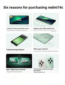 Xiaomi Redmi 14C Smartphone, Xiaomi Redmi 14C 4G LTE, Helio G81-Ultra Octa-Core Processor, 6GB+128GB Memory, 6.88" Large Screen, 13MP Triple Camera, 120Hz High Refresh Rate, 5160mAh High Capacity Battery, Long Lasting, Chinese Version Dual SIM, Supports English And Chinese