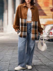 Plus Size Brown Plaid Coat Loose Casual Lapel Long Sleeve