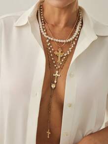 4pcs/Set 14k Gold Plated Multi-Layer Beaded Cross & Virgin Mary Necklace, Suitable For Vacation, Prayer, Baptism Wear - Style 9 - View 3