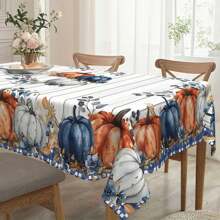 1pc Autumn Tablecloth, Vintage Farmhouse Tablecloth - Blue Pumpkin Pattern, Blue/Orange/Beige Plaid Border, Rectangular Polyester Dining Table Cover, Suitable For Thanksgiving, Harvest Party, Autumn Home Decor - Indoor/Outdoor Easy Clean, Durable Fabric, Rustic Theme, Essential For Holiday Hosts