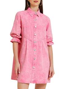 Women's Denim Dress 3/4 Lantern Sleeve Babydoll Mini Jean Shirt Dresses - Pink - View 1