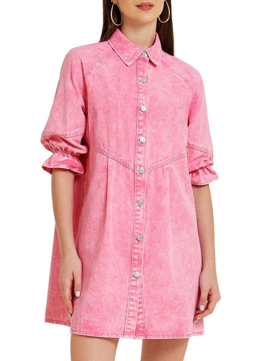 Women's Denim Dress 3/4 Lantern Sleeve Babydoll Mini Jean Shirt Dresses - Pink - View 1