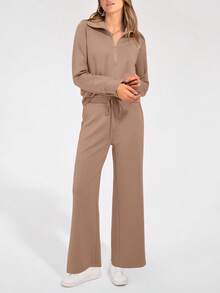 Women's 2 Piece Outfits Casual Lapel Half Zip Sweatshirts And Wide Leg Pants Tracksuit Sets - 卡其色 - 查看 3