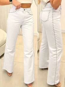 Women's Retro Loose Straight Leg Denim Pants Solid Color Washed Front Button Pocket With Rivets, Loose Wide Leg Jeans, Suitable For Daily Casual Wear - trắng - Xem 1