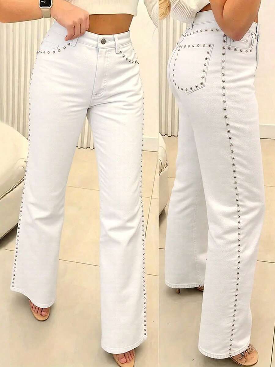 Women's Retro Loose Straight Leg Denim Pants Solid Color Washed Front Button Pocket With Rivets, Loose Wide Leg Jeans, Suitable For Daily Casual Wear - trắng - Xem 1
