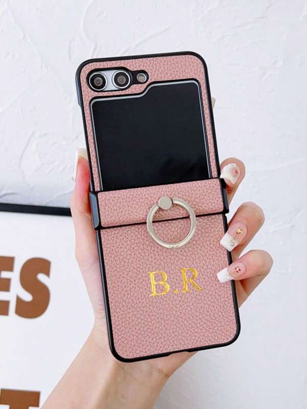 [Personalizado] Funda de teléfono de piel sintética con patrón de litchi y nombre personalizado, compatible con Samsung Galaxy ZFlip 6 5 4, con soporte de anillo y protección contra golpes