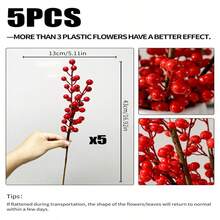 1PC,5PCS, Vibrant Red Fake Berries - Glitter No Batteries Required, Perfect For DIY Christmas Decorations, Weddings And Opening Cereies, New Year Decorations, Classic Plastic Style Home Decor Room Decor