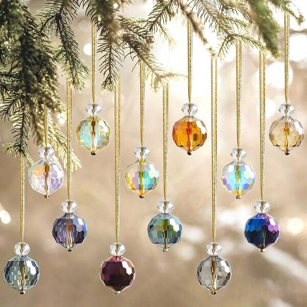 12 piezas de adornos de bolas de Navidad de colores, prismas de cristal para araña, para visera, cristales colgantes para árbol de Navidad, boda, decoración de fiesta, decoración del hogar de 2.21 cm, decoraciones navideñas, decoración de habitación de invierno
