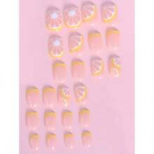 Summer New 24pcs Square Shaped Nail Set With Gems Lemon Print Incl. 1 Nail File And 1 Jelly Gel Suitable For Women And Girls Fresh French Lemon Style Press On Nails - Multicolor - View 2