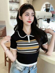 Women's Casual Contrast Striped Pattern Contrast Binding Half Zip Collared Knit Top - Black - View 5