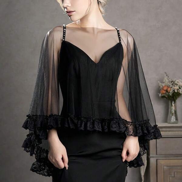 1 قطعة شال عروس ساحرة قصير أسود، مزين بتطريز دانتيل رقيق، إكسسوار زفاف بطراز جوتيك أنيق، ملابس خريفية للنساء