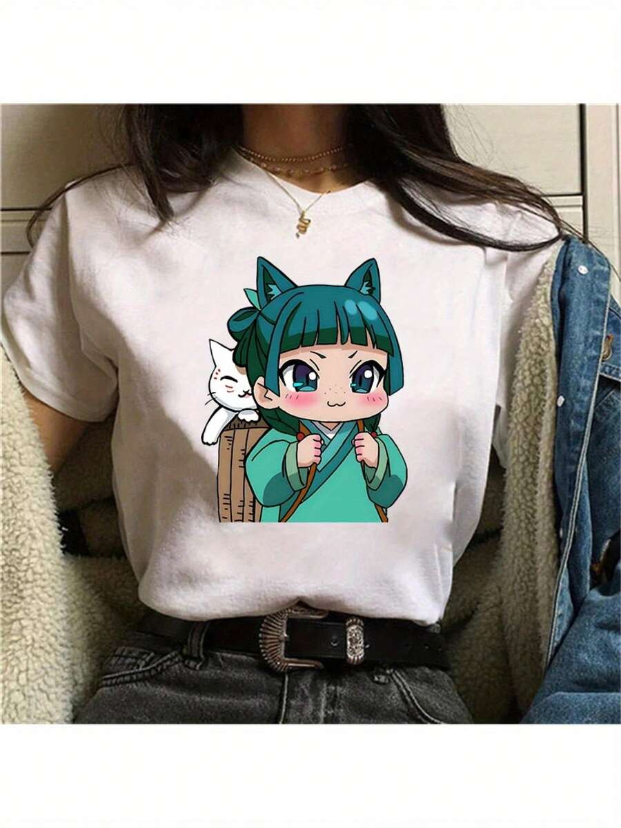 Funny Anime The Apothecary Diaries Printed T-Shirts For Women Summer Short Sleeve Round Neck Cute Loose T-Shirt Personalized Top Women's T-Shirt Women's Tee - trắng - Xem 1