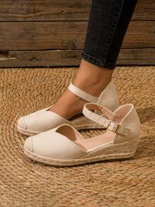 Zapatos de cuñas de moda para mujer con cinta de gancho, envoltura de terciopelo, correa trasera y cordones de lino - Beis - Ver 6