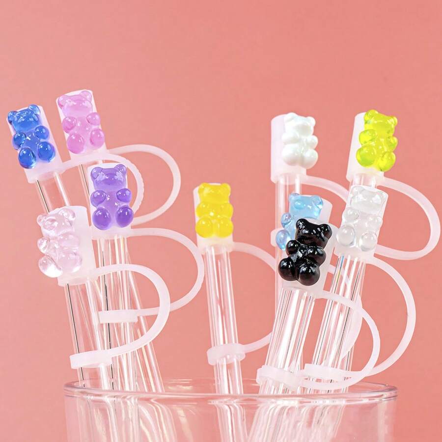 Silicone Bear Straw Caps, Acrylic Crystal Clear Silicone Bear Straw Caps, Straw Sleeves, Silicone Straw Clips - Multicolor - View 1