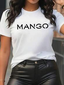 Women'S MANGO Graphic T-Shirt - Casual Crew Neck Short Sleeve Tee With Bold Letter Print, Everyday Comfort, Bold Pattern Tee, Comfortable Fit - 白色 - 查看 1