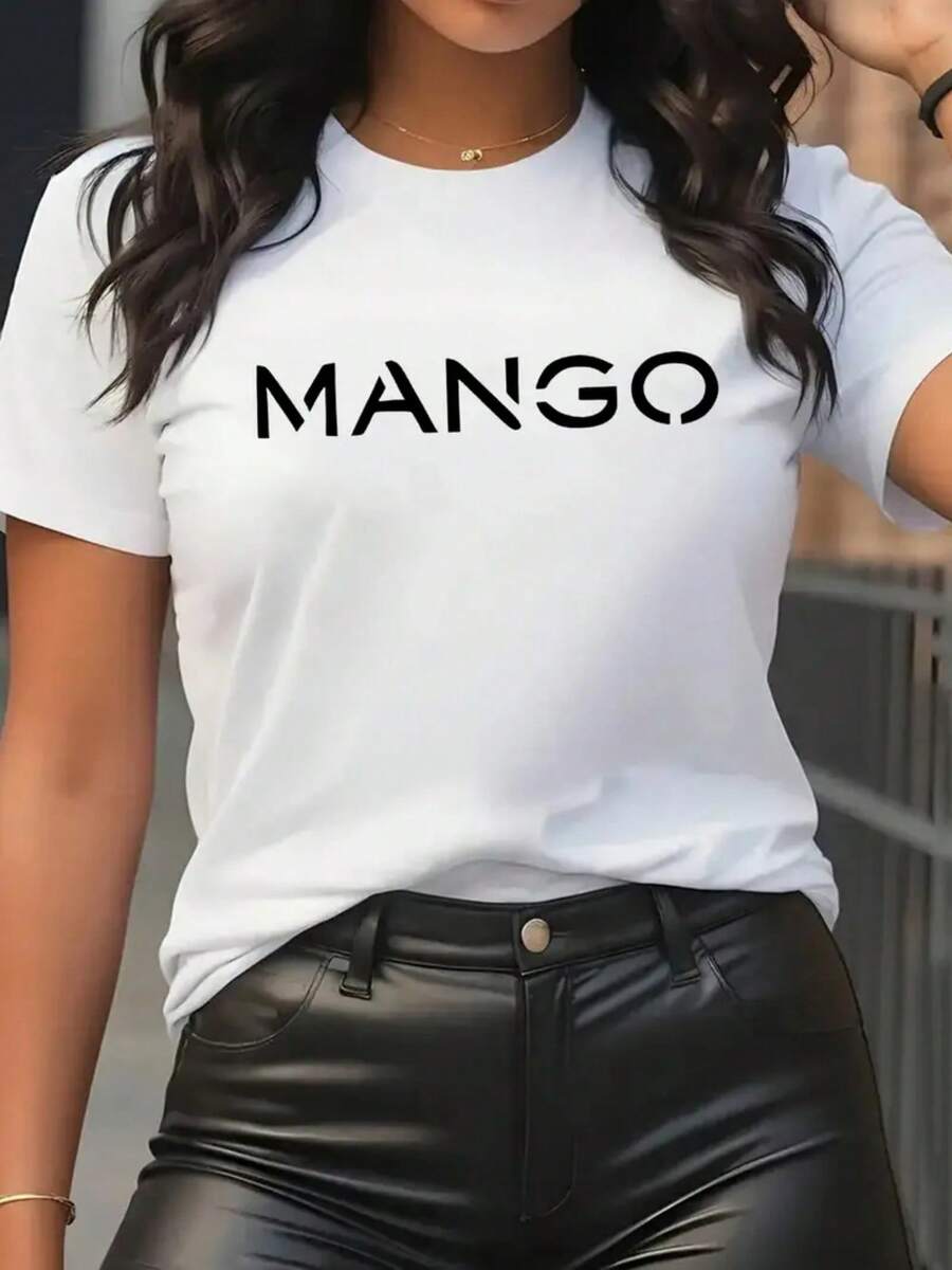 Women'S MANGO Graphic T-Shirt - Casual Crew Neck Short Sleeve Tee With Bold Letter Print, Everyday Comfort, Bold Pattern Tee, Comfortable Fit - 白色 - 查看 1
