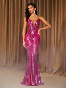 Women's Contrast Color Sequin Mermaid Maxi Dress, Elegant Evening Gown - Hot Pink - View 1