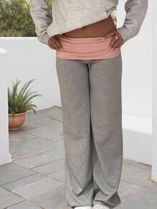 Pantalones deportivos de primavera y verano para mujer con banda elástica, pierna recta y color contrastante - Gris - Ver 3