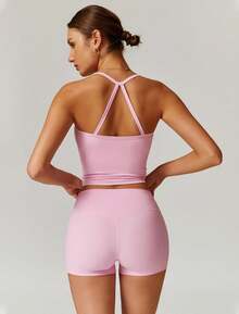 Two Piece Workout Sets Women Top Matching High Waist Lifting Shorts Gym Wear Outfits - 撞色粉紅色 - 查看 4