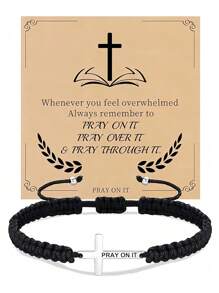 Goodwaro 1 件 18K 镀金不锈钢基督教礼物十字架手链，男/女手工编织信仰励志祈祷珠宝礼物 - 黑色 - 查看 14