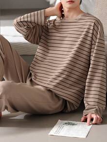 AICJ 2 件男士休闲宽松条纹圆领长袖套头衫和长裤睡衣套装，适合派对、居家、旅行、春季、秋季、冬季、秋季服装