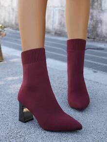 Bottes à talon épais à bout pointu pour femmes 2025, bottes slim élastiques, convenant au printemps, à l'automne, à l'hiver et à toutes les saisons, bottes à talons hauts, type, bottes chaudes noires, bottes à talon épais mi-mollet à talons hauts, chaussures à talons hauts confortables et à bout pointu, bottes élégantes casual, bottes noires, bottes rouges, bottes marron, bottes café, bottes kaki, bottes marron - Rouge foncé - Voir 12