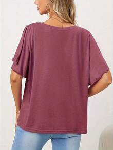 Women's Solid Color V-Neck Comfortable Casual T-Shirt Top - 玫紅色 - 查看 2