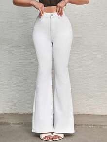 Pantalones acampanados de mezclilla de cintura alta para mujer en color blanco - Blanco - Ver 2