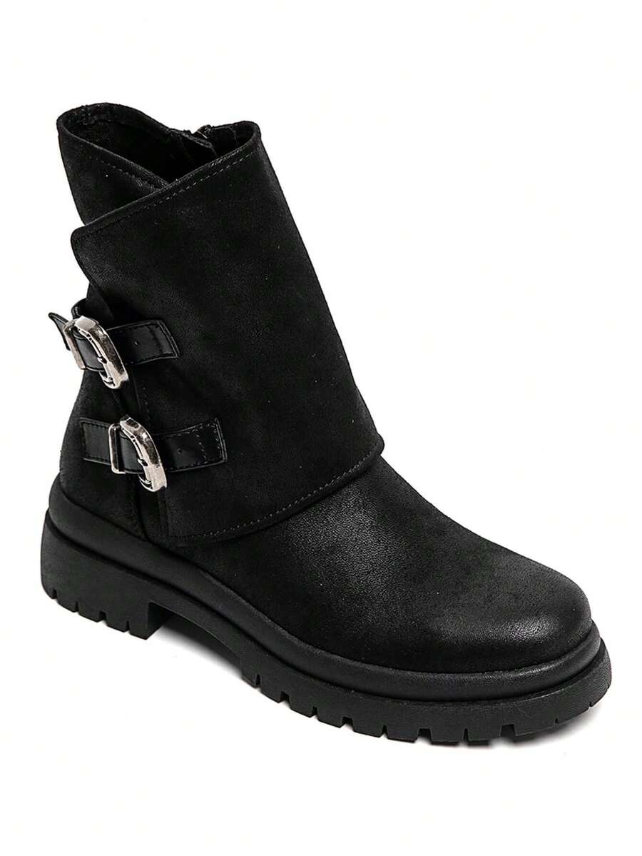 Boots Double Boucle Femme In Suédine – Noir, Marron Et Kaki, Semelle Crantée Fashionable Buckle Outdoor - Black - View 1
