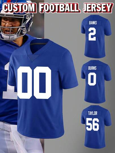Customized Name & Number Men's Embroidered American Football Jersey, New York Blue V-Neck Personalized Short Sleeve Shirt, Suitable For Party, Match, Training, Competition, DIY S-XXL, Fashion Minimalist, Easy To Wear, Casual Versatile, Personalized Customization, Unique, Customized Football Player Clothing, Men's Wear, Customized Football Jersey, Sportswear, Ideal Gift For Boyfriend, Family, Friends, Kids' Birthday, School/Match, Sports/Climbing