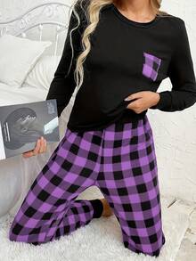 2Pcs Pajama Sets For Women, Long Sleeve T-Shirt & Elastic Waist Trousers Pj Set, Valentine Outfits For Women - 紫色 - 查看 4