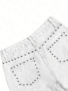 Women's Retro Loose Straight Leg Denim Pants Solid Color Washed Front Button Pocket With Rivets, Loose Wide Leg Jeans, Suitable For Daily Casual Wear - trắng - Xem 5