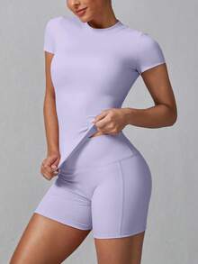 Conjunto deportivo de verano para mujer de unicolor simple con pantalones cortos y manga corta - Morado - Ver 4