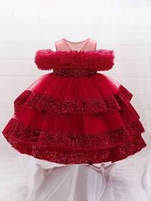 女婴亮片薄纱可爱花童婚礼拖尾礼服，适合派对、生日、外出等场合，不含头饰 - 酒紅色 - 查看 2