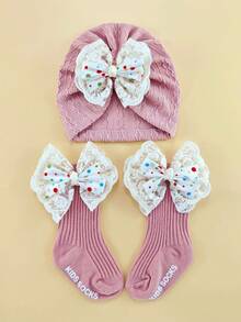 Conjunto de diadema, gorro y calcetines con estampado floral para bebé de 0 a 6 meses, gorro y calcetines para recién nacido, para todas las estaciones - Multicolor - Ver 5