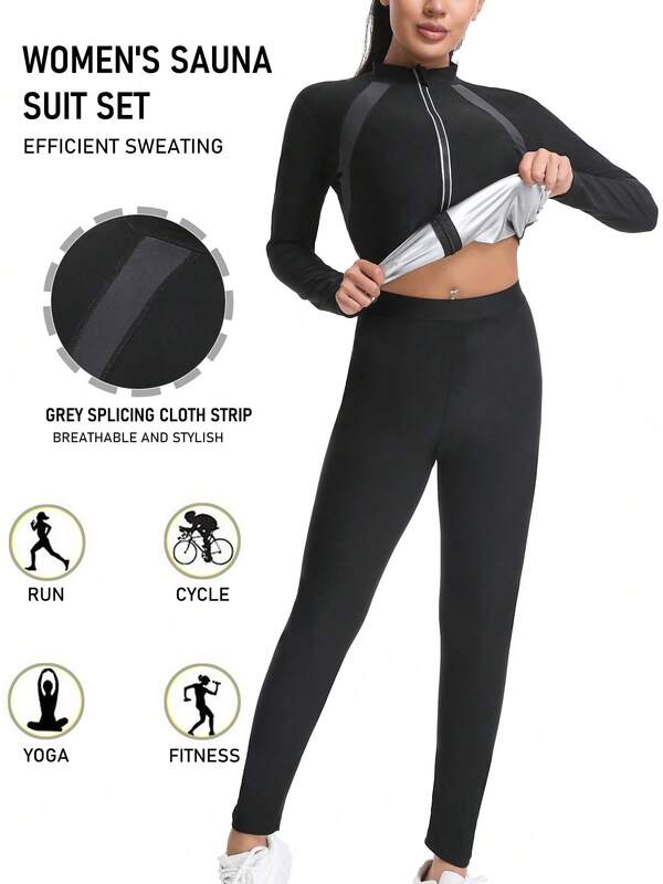 Costum de saună pentru femei - Jachetă și pantaloni cu mânecă lungă și fermoar, efect de transpirație întărit pentru yoga