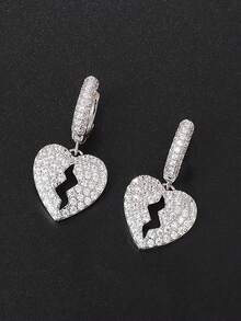 1pair Dazzling Cubic Zirconia Heart Dangle Hoop Earrings For Men Cool Punk Rock Earring Hip Hop Party Jewelry - Silver - View 1