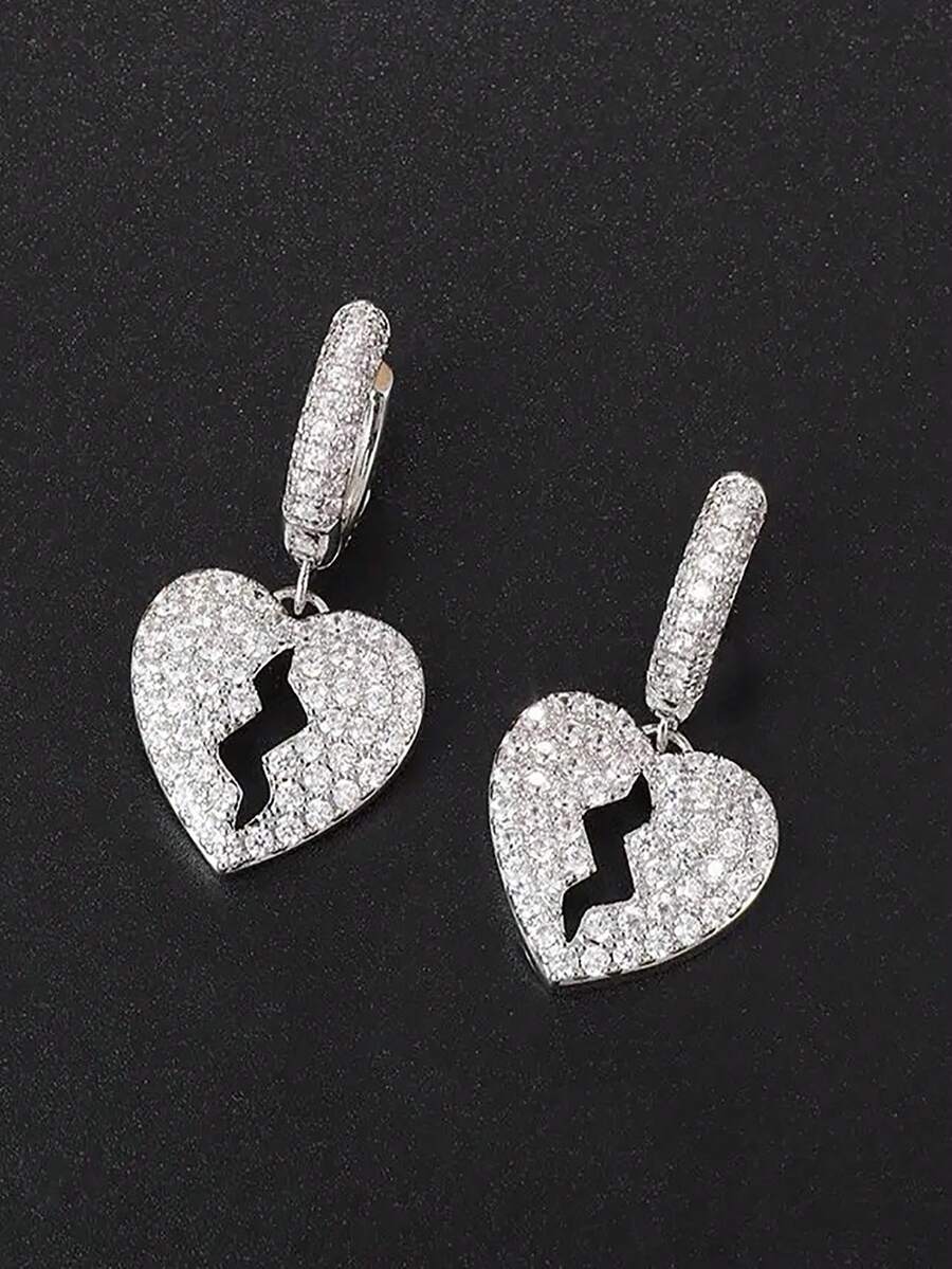 1pair Dazzling Cubic Zirconia Heart Dangle Hoop Earrings For Men Cool Punk Rock Earring Hip Hop Party Jewelry - Silver - View 1